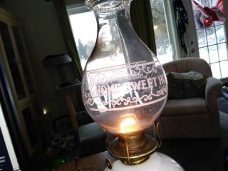 currier and ives,  white milk glass oil lamp,  home sweet home globe,  vintage 3