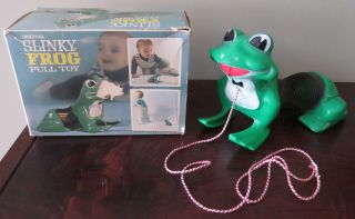 Vintage 1970s Slinky Frog Pull Toy Named James