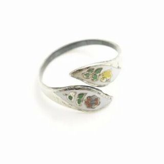 Vintage Sterling Silver Siam Thailand Ring White Enamel Roses Flowers Size 6.  5