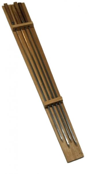 Viking Stainless Steel Skewer Shish Kabob Set In Wood Holder Vintage Japan