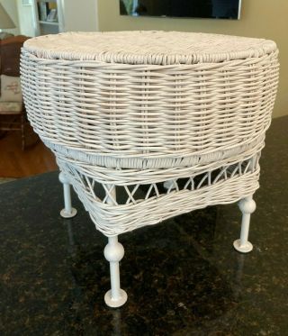 Vintage Wicker Footstool Ottoman Stool Side Table Round Footed Mid Century Pouf