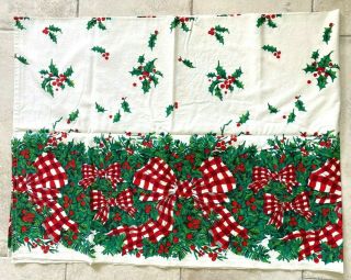 Vtg Christmas Cotton Tablecloth Holly Red Green 65 " X 50 " Holidays