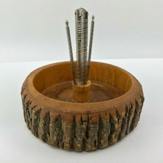 Small Vintage Wood Tree Bark Nut Bowl Set Nutcracker 2 Picks Rustic Cabin Decor