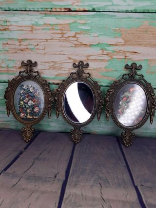 3 Vintage Brass Ornate Oval Italy Floral Picture Frames Mirror Victorian