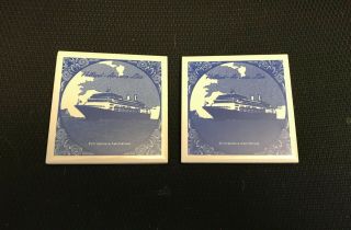 2 Holland American Line Tile Coasters | Delft Blue | Rotterdam And Amsterdam