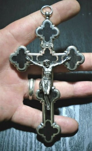 Antique Vintage Crucifix Cross Religious Pendant Silver Tone & Ebony Wood Inlay