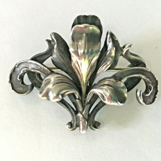 Antique Art Nouveau Fleur De Lis Pin Sterling Silver Ornate 3d Iris Or Orchid