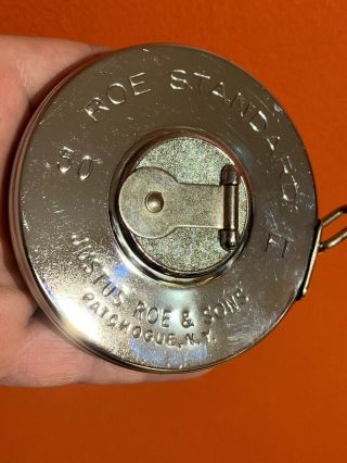 Vintage Chrome Justus Roe & Sons 50 Ft Steel Tape Measure Made In U.  S.  A.