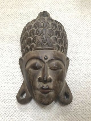 Vintage Indonesian Handmade Wooden Carved Long Eared Buddha Head Wall Hanging