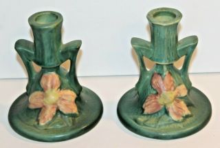 2 Vintage Roseville Pottery Green Clematis 1159 Candlesticks