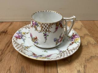 Antique Vintage Floral Porcelain Signed Marked Dresden Tea Cup & Saucer