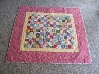 Vintage Baby Child Quilted Lap Quilt Blanket Machine Top Stitched Old Fabric