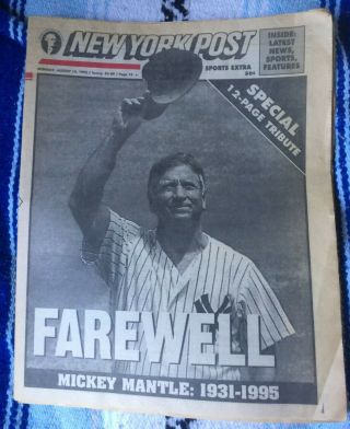 Mickey Mantle - Yankees - Baseball - 8/19/95 Ny Daily News Newspaper Spec Tribute
