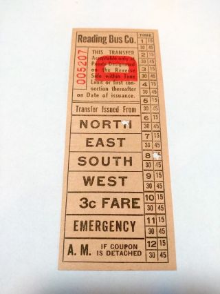 1950s Reading Bus Company Transfer Ticket Transit Pennsylvania Vintage Travel
