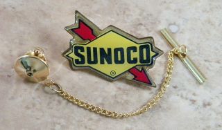 Vintage Sunoco Oil & Gas Tie Tack Pin And Chain Clasp