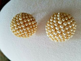 Vintage Trifari Signed Faux Pearl Earrings Pave Set Yellow Gold Plate Clip