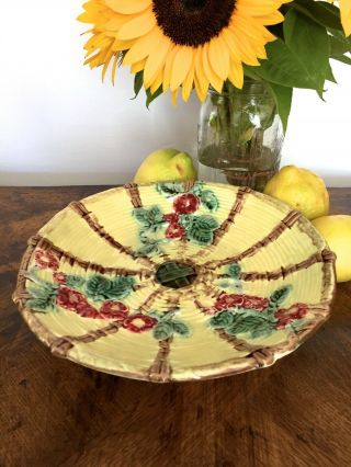 Antique Majolica Compote Berry Vines Basket Weave Centerpiece Pedestal Bowl