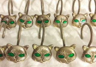Vintage Cat Head Shower Curtain Hooks Brass Set Of 12 Green Eyes 1 3/8 " Across