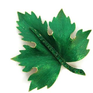 Vintage Maple Green Enamel Rhinestones Leaf Shape Pin Brooch Repair Restore