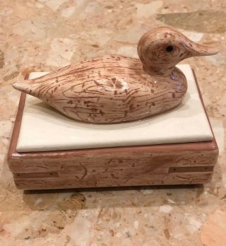 Vintage 1980’s Handmade Ceramic Faux Wood Trinket Box With Decoy Duck Lid 7x5.  5”