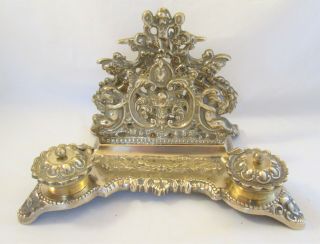 Large Vintage Brass Ink Stand Letter Rack - Ornate Design - Desk Top Items
