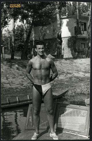 Larger Size Vintage Photograph,  Shirtless Strong Boy In Swimsuit,  1950 