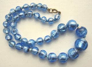 Antique Art Deco Murano Venetian Foiled Glass Blue Beads Opalescent Necklace