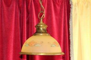 French Vintage Brass Pendant - Ceiling Light/ Lamp Glass Shade Flower Designed