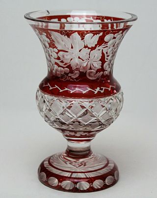 An Antique Bohemian Ruby Red Glass Flash Cut Vase 6 Inches (15 Cm) Tall