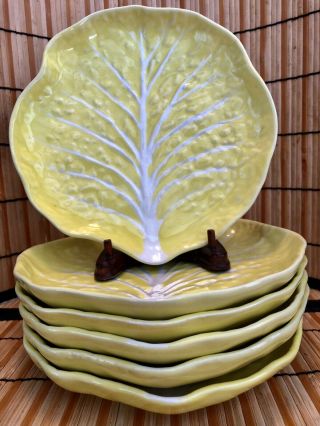 6 Vintage Yellow Portugal Cabbage Leaf Salad Plates Secla