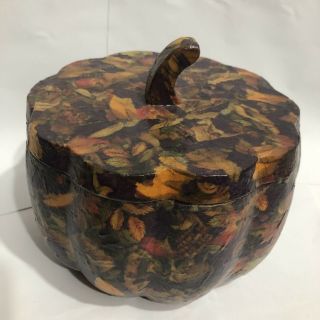 Halloween Pumpkin Decoupage Wood Bowl W/ Lid 7” X 6 1/2” Vintage Autumn Colors