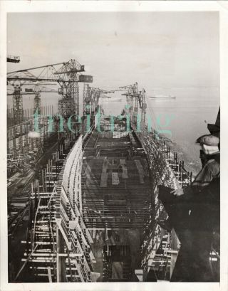 Cunard Line Rms Mauretania (1939) Framing At Shipyard 1937 Vintage Photo