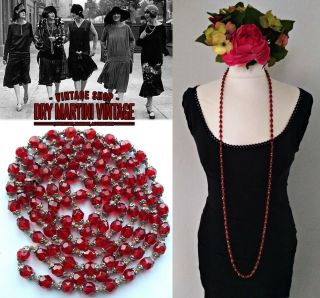 Antique Art Deco 1920s Ruby Red Czech Beads Flapper Necklace Gatsby Downton Gift
