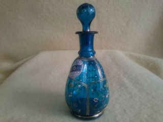 Antique Bohemian Enamel Painted Blue Glass Scent Bottle Harrach Moser ?