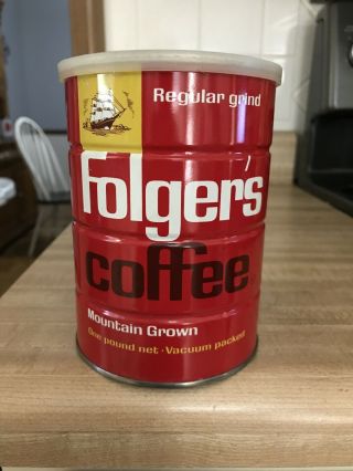 Vintage 1963 Folgers 1 - Pound Coffee Tin Metal Can W/ Painted Graphics