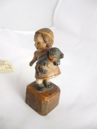 Antique Or Vintage Wooden Black Forest Small Figure Of Girl Holding Dog