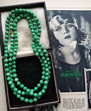 Antique Art Deco Bohemian Czech Peking Glass Jade Green Beads Flapper Necklace