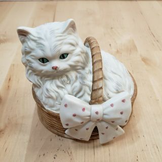 Vintage Ceramic Kitty Cat In Basket Music Box 1982 Made In Japan