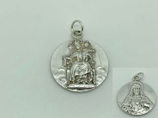 Antique French Sterling Silver Virgin Mary & Jesus Medallion Pendant Signed