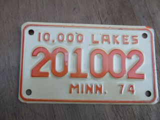 Obsolete 1974 Minnesota 10000 Lakes Motorcycle License Plate 201002