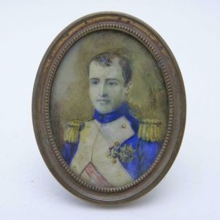 Antique Miniature Portrait Painting Of Napoleon In Glazed Gilt Metal Easel Frame