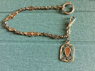 Antique 10 1/2 " Old Silver Watch Chain German? With Gold Stone Links And Fob