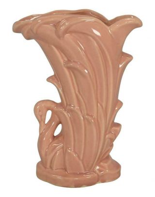 Mccoy Vintage Pottery Mid Century Modern Elegant Pink Swan 9 " Tall Vase 1946
