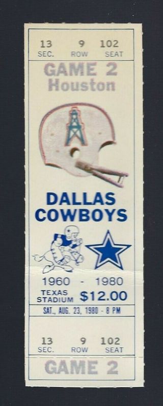Vintage 1980 Nfl Houston Oilers @ Dallas Cowboys Full Football Ticket
