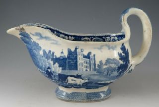Antique Pottery Pearlware Blue Transfer John Meir Lumley Castle Sauce Boat 1825