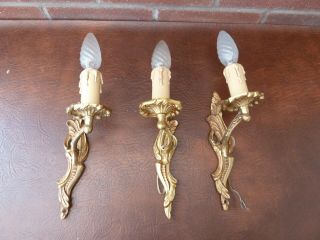 3 Vintage French Brass Wall Sconce Lights Scrolled Acanthus Leaf Rococo Style
