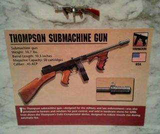 Vntg Thompson Submachine Gun Lapel Pin Tie Tack & Information File Card