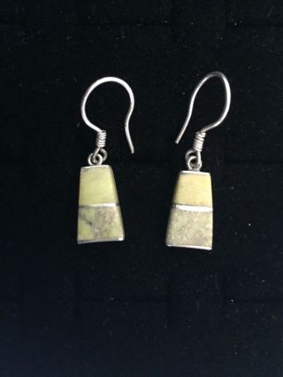 Vintage Sterling Silver Earrings Lime Green Brown Stone Rectangle Dangle Petite