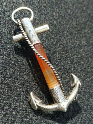 Large Antique Victorian Scottish Silver And Agate Anchor Brooch Sweetheart