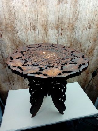 Vintage Anglo/indian Hand Carved,  Folding Wooden Side Table With Inlaid Top